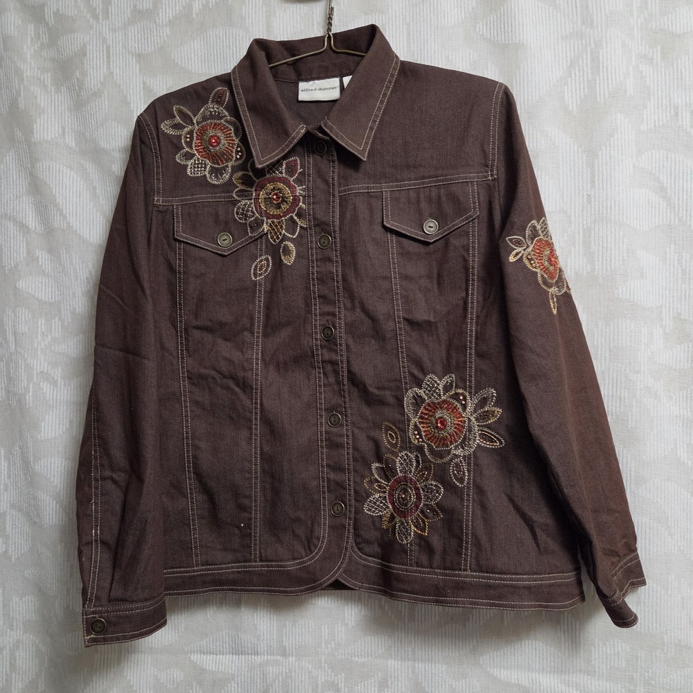 Alfred Dunner Woman Denim 14 Jacket Brown Embroidered BoHo Indie Hippie Fairy